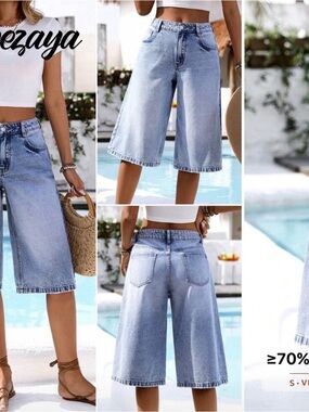 Light Blue Denim Bermuda Jean Shorts - Women's Casual Vacation 3/4 Wide Leg